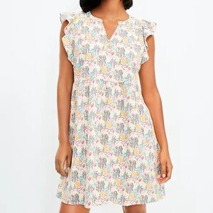 LOFT Paradise Ruffle Button Cap Sleeve Tropical Safari Print Dress Size Medium